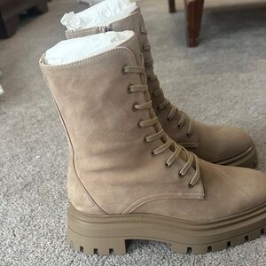 Stuart Weitzman Beige Lace-Up Combat Boots